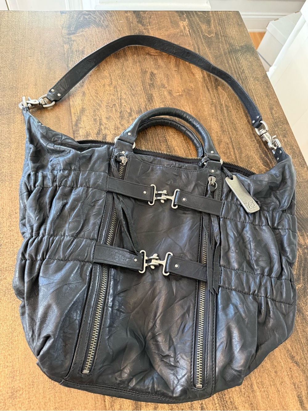 Botkier Black Leather Shoulder Bag with Front Buckles